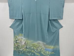 リサイクル　阿部佳雪作　十日町友禅庭園風景に松椿模様一つ紋色留袖(比翼付き)
